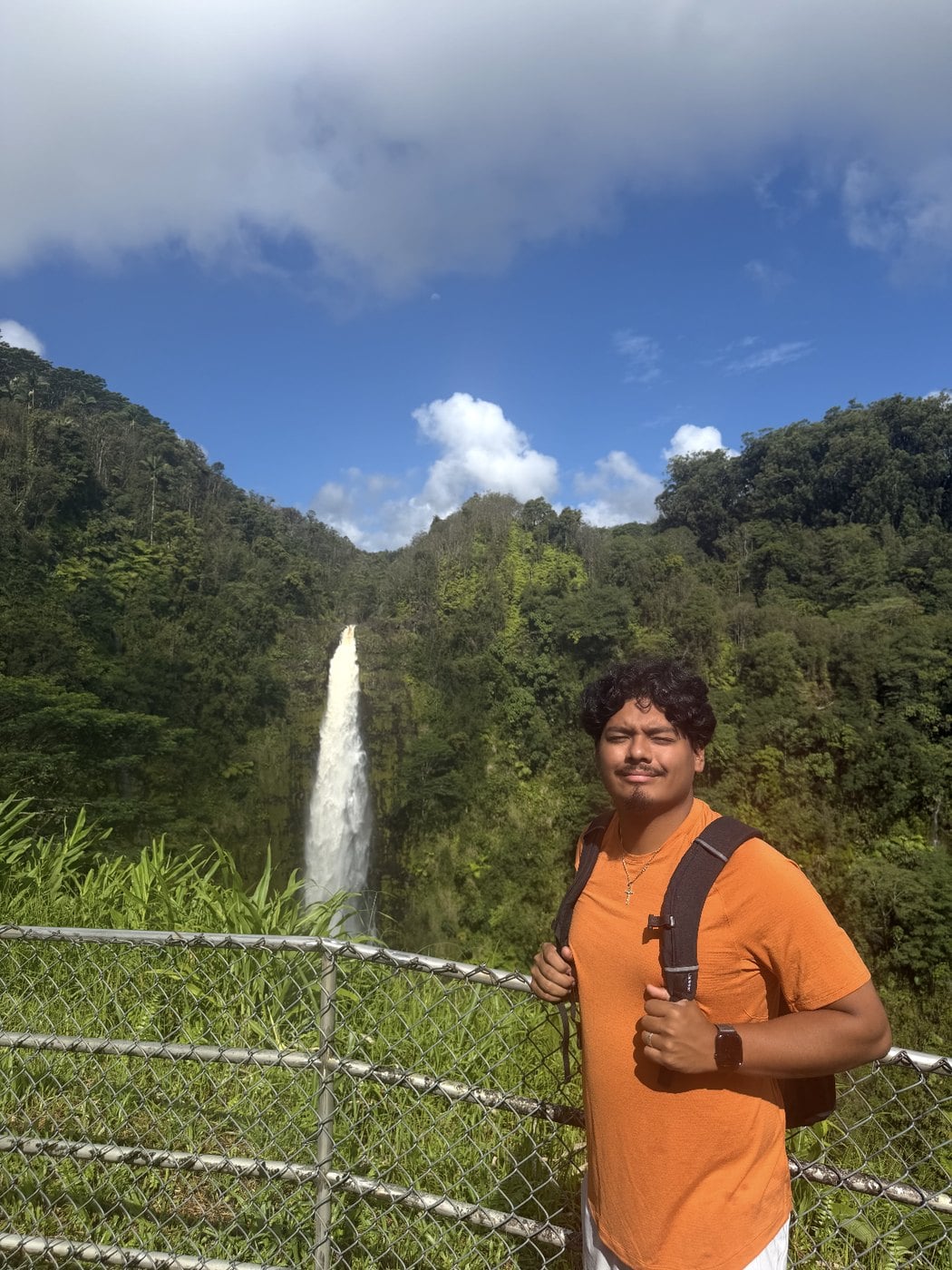 Marco in front of a waterfall in Hawaii